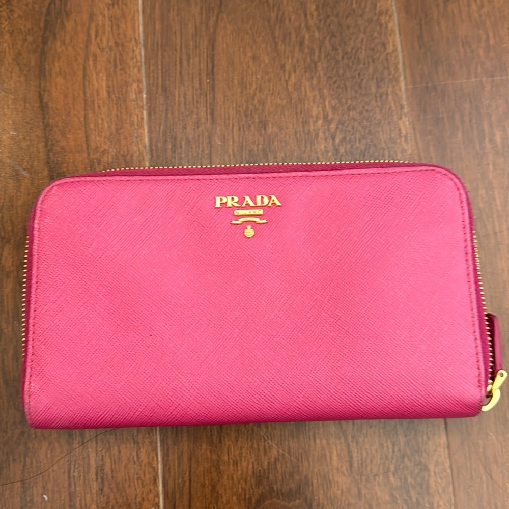 Pink Prada large saffiano leather zip wallet